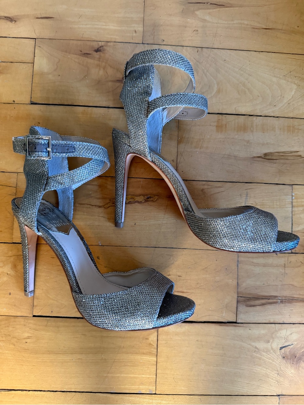 Vince Camuto Silver Glitter Platform Ankle Strap Heels 6.5